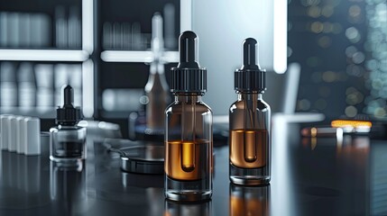 Poster - Two glass bottles with droppers containing serums on a laboratory table with tools in the background. Generative AI
