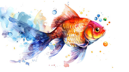 Colorful watercolor painting of a goldfish, with vibrant blues, greens, and yellows.