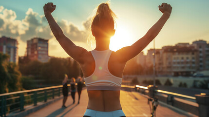 A woman with arms raised in victory against a sunset backdrop in an urban setting