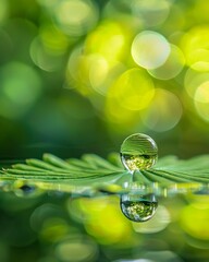 Canvas Print - Dew drop on green leaf with blurred background