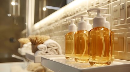Aufkleber - Three stylish bottles of shampoo and conditioner, sitting on a bathroom shelf. Generative AI