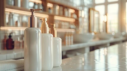 Poster - White and gold shampoo and conditioner bottles on a bathroom counter with a white towel. Generative AI