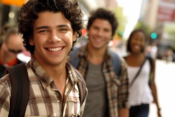 Poster - Portrait of a smiling young man with friends walking in the background