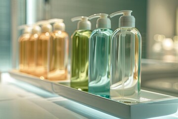 Poster - Bottles of shampoo and conditioner on a shelf in a stylish bathroom. Generative AI