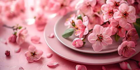 Wall Mural - Elegant pastel floral table setting with pink background for invitations and celebrations. Concept Table Setting, Floral Decor, Pastel Colors, Elegant Theme, Pink Background
