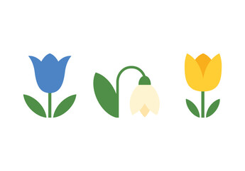 different flowers in geometric style: bluebell flower, tulip, wild rose, rose, flowering plant with 