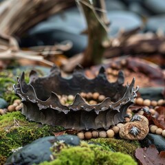 Sticker - Mysterious dark crown-like fungus on moss-covered forest floor