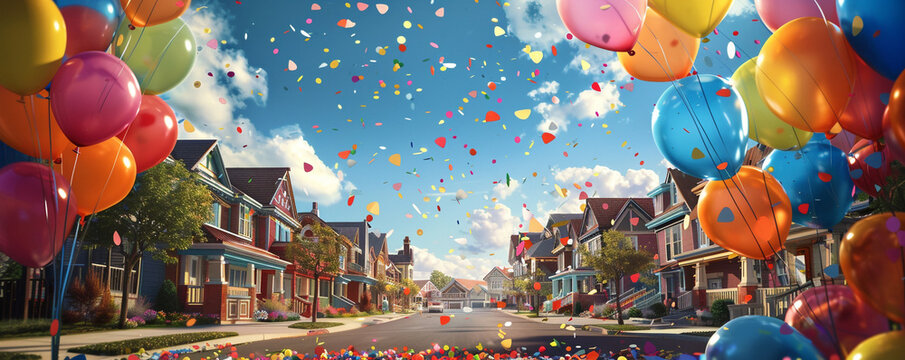 Festive celebration with balloons on the bottom right corner, confetti falling, in a charming suburban neighborhood