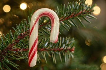 Wall Mural - Festive candy cane on christmas tree branch