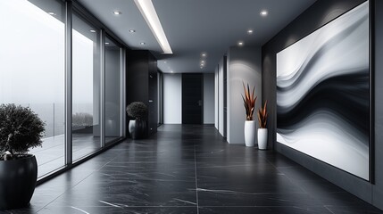 Wall Mural - Minimalist black and white abstract wallpaper in a contemporary hallway, modern home decor