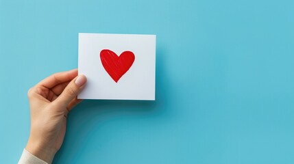 Wall Mural -  A hand holding a small white card with a red heart drawn on it