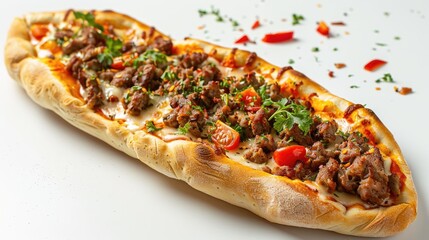 Canvas Print - Meat and cheese pide on a white background