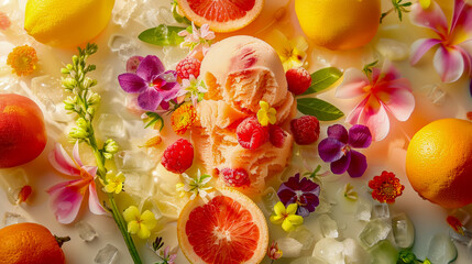 Wall Mural - Citrus and berry ice cream surrounded by flowers and fruit on ice, AI generated