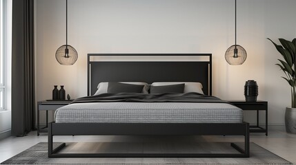 Wall Mural - Minimalist black metal bed frame with clean lines in a contemporary bedroom, modern home decor