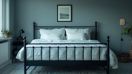 Wall Mural - Minimalist black metal bed frame with white bedding in a contemporary bedroom, modern home decor