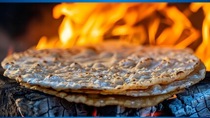 Wall Mural -  A stack of pita bread near a fire pit, surrounded by wood piles and flamed background