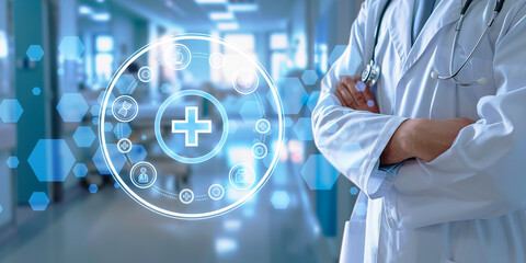 Poster - Doctor with futuristic medical interface, digital healthcare concept on a hospital background. Generative AI