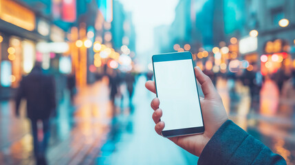 Poster - Hand holding a smartphone with blank screen, blurred city street background, concept of technology in everyday life. Generative AI