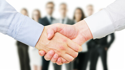 Poster - Two people shaking hands in front of a group, with a focus on teamwork and partnership, white and blue background. Generative AI