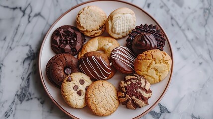  A white plate, topped with various cookies Cookies also rest atop a marble countertop Nearby, a white and brown plate holds a chocolate-drizzled treat