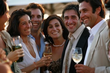 Poster - Group of friends toasting with glasses of white wine on a party