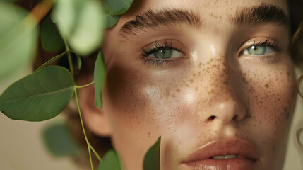 Wall Mural - Woman, skincare, beauty, natural dermatology, cosmetics with green plants. Glow on attractive model's face in studio for healthy makeup or sustainable cosmetics.