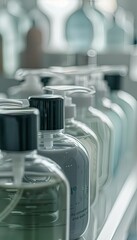 Poster - A close-up shot of sleek shampoo and conditioner bottles on a shelf in a modern bathroom. Generative AI