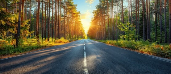 Canvas Print - Closeup of asphalt highway with trees background in forest