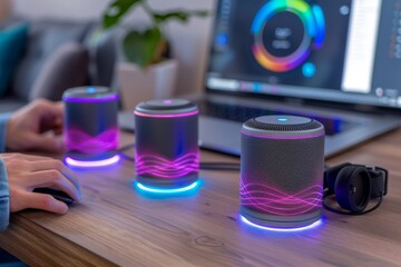 Sticker - Modern smart home interior with multiple connected devices, showcasing advanced technology and design