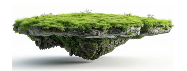 Wall Mural - fantasy floating island with natural one tree on the rock, surreal float landscape with green grass. 3d illustration with cut of the ground and the grass landscape. The trees on the island. eco design