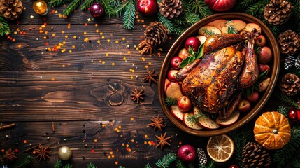 Wall Mural -  A roasted turkey on a platter against a dark wooden surface, surrounded by pine cones, oranges, and various Christmas decorations Pine cones and oranges scatter the