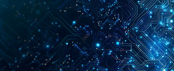 Poster - Abstract blue technology background with a circuit board pattern and glowing dots, using a dark color palette, in the style of a flat design, for a web banner
