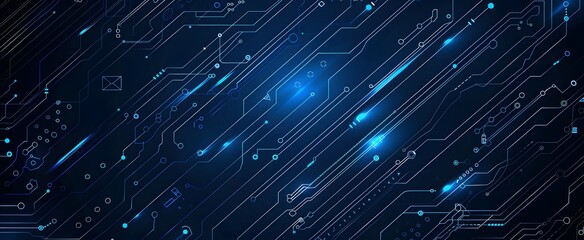Poster - Abstract blue circuit board background vector presentation design with dots and lines technology template for business, digital or tech concepts on dark blue background
