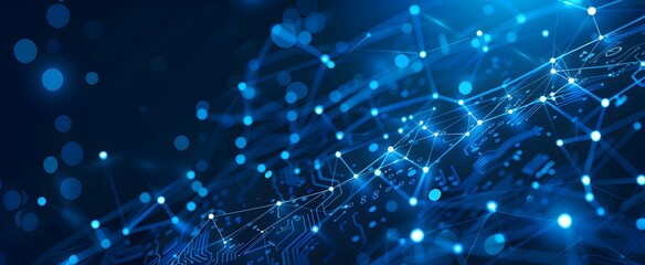 - Blue digital technology background with a circuit board and glowing dots, a vector illustration of a cyber network connection pattern on a dark blue banner template for a tech or business concept desi