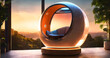 © Designpro - Orange Futuristic sci-fi advanced pod chair in apartment, modern technology with highly technical robotics automation seat and shiny metallic body