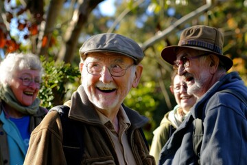 Canvas Print - Senior friends having fun in the garden on a sunny autumn day.