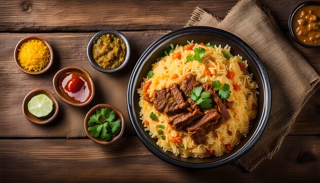 Traditional Indian food biryani with beef on wooden background.
