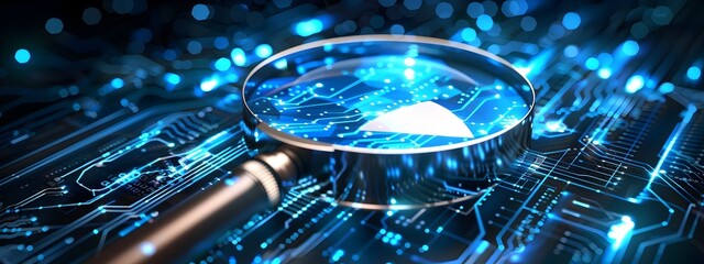 Poster - Digital Magnifying Glass A Handheld Electronic Magnifier Examining Futuristic Circuit Board