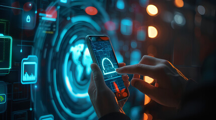 Poster - cybersecurity and privacy concepts to protect data. businessman use smartphone with cyber security t