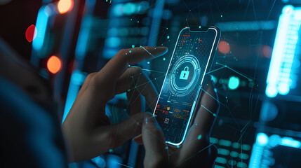 Poster - cybersecurity and privacy concepts to protect data. businessman use smartphone with cyber security t
