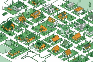 Poster - Digital illustration of a smart city with connected homes, emphasizing technology integration and modern living