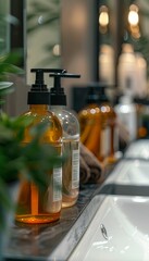 Aufkleber - Close-up of sleek, amber-colored shampoo bottles with pumps, displayed on a countertop with a sink. Generative AI