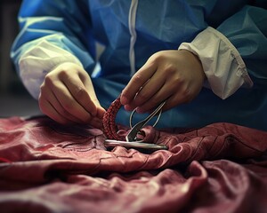 Close-up of a gloved hand using surgical scissors to remove the stitches from a wound. AI.