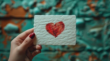 Wall Mural -  A hand holding a small white card with a red heart drawn on it