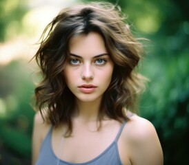 Canvas Print - Portrait of a young woman with brown hair and blue eyes. AI.