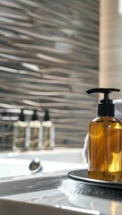 Poster - Closeup of stylish shampoo and conditioner bottles in a modern bathroom setting. Generative AI