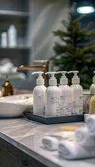 Aufkleber - Close-up of sleek bottles of shampoo and conditioner on a marble counter in a contemporary bathroom setting. Generative AI