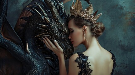 Fantasy woman evil dark queen witch hugs dragon
