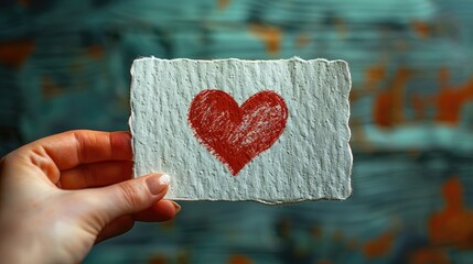 Wall Mural -  A hand holding a small white card with a red heart drawn on it