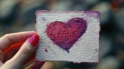 Wall Mural -  A hand holding a small white card with a red heart drawn on it